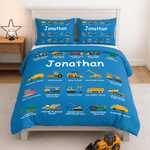 Personalised Multicolour Construction Lorry Soft Duvet Cover and 2 Pillow Covers Bedding Set with Name Christmas Gift for Boys Lorry Lovers Kids