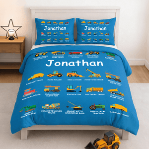 Personalised Multicolour Construction Lorry Soft Duvet Cover and 2 Pillow Covers Bedding Set with Name Christmas Gift for Boys Lorry Lovers Kids
