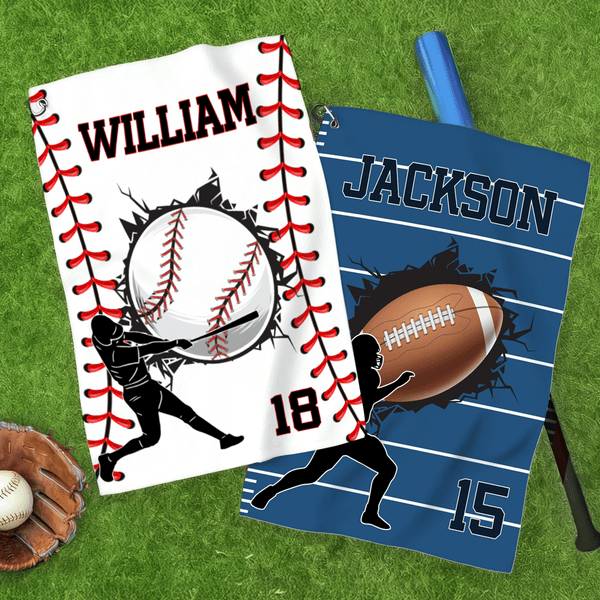 Personalized Character Silhouette Sports Towel with Name Number and Hanging Clip Game Day Birthday Gift for Sports Lovers