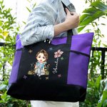 Personalized Cartoon Charatcer Birth Flower Large Capacity Tote Bag with Name and Mesh Pockets Birthday Christmas Gift for Women