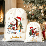 Personalized Santa Claus Snowman Christmas Hat Initial Canvas Drawstring Gift Bag with Name Christmas Eve Party Gift for Kids Family Friends