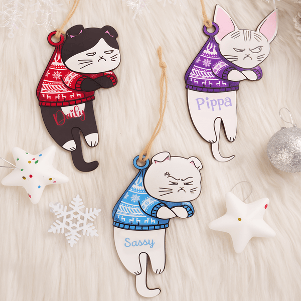 Personalised Funny Expression Cat Wooden Ornament with Name Home Decor Christmas Gift for Cat Owner Lover