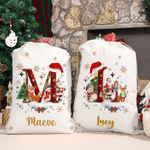 Personalized Santa Claus Snowman Christmas Hat Initial Canvas Drawstring Gift Bag with Name Christmas Eve Party Gift for Kids Family Friends