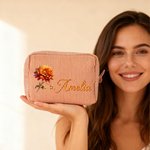 Personalised Retro Gemstone Birth Flower Stripe Large Capacity Makeup Bag with Name Travel Essentials Bridesmaid Birthday Gift for Women