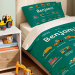 Personalised Multicolour Construction Lorry Soft Duvet Cover and 2 Pillow Covers Bedding Set with Name Christmas Gift for Boys Lorry Lovers Kids