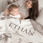 Personalised Retro Style Ocean Animals Soft Throw Blanket with Name Nusery Decor Birthday Baby Shower Christmas Gift for Newborns Kids