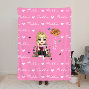 Personalized Cartoon Reading Character Birth Flower Soft Throw Blanket with Name Birthday Christmas Gift for Family Friends