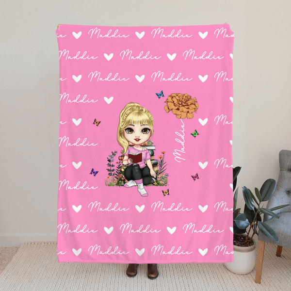 Personalised Cartoon Reading Character Birth Flower Soft Throw Blanket with Name Birthday Christmas Gift for Family Friends