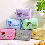 Personalised Retro Gemstone Birth Flower Stripe Large Capacity Makeup Bag with Name Travel Essentials Bridesmaid Birthday Gift for Women