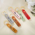 Personalised Birth Flower Pink Bow PU Leather Keychain with Name Birthday Anniversary Christmas Gift for Women