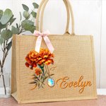 Personalized Gemstone Birth Flower Jute Bag with Name Anniversary Birthday Gift for Women