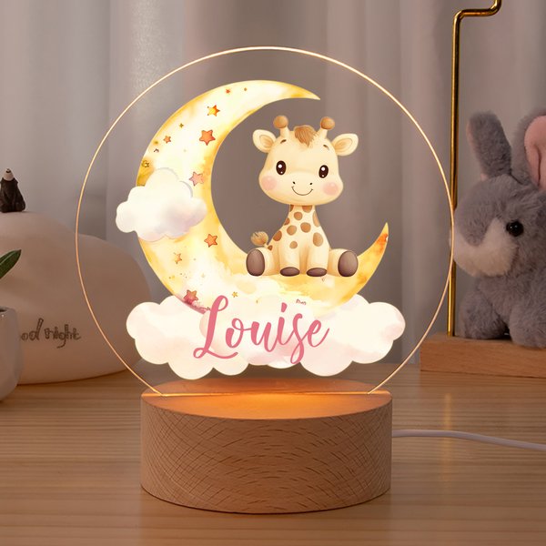 Veilleuse LED Acrylique Personnalisée avec Nom et Motif d'Animal Décoration de Chambre avec Socle en Bois Cadeau Anniversaire Noël pour Enfant Bébé