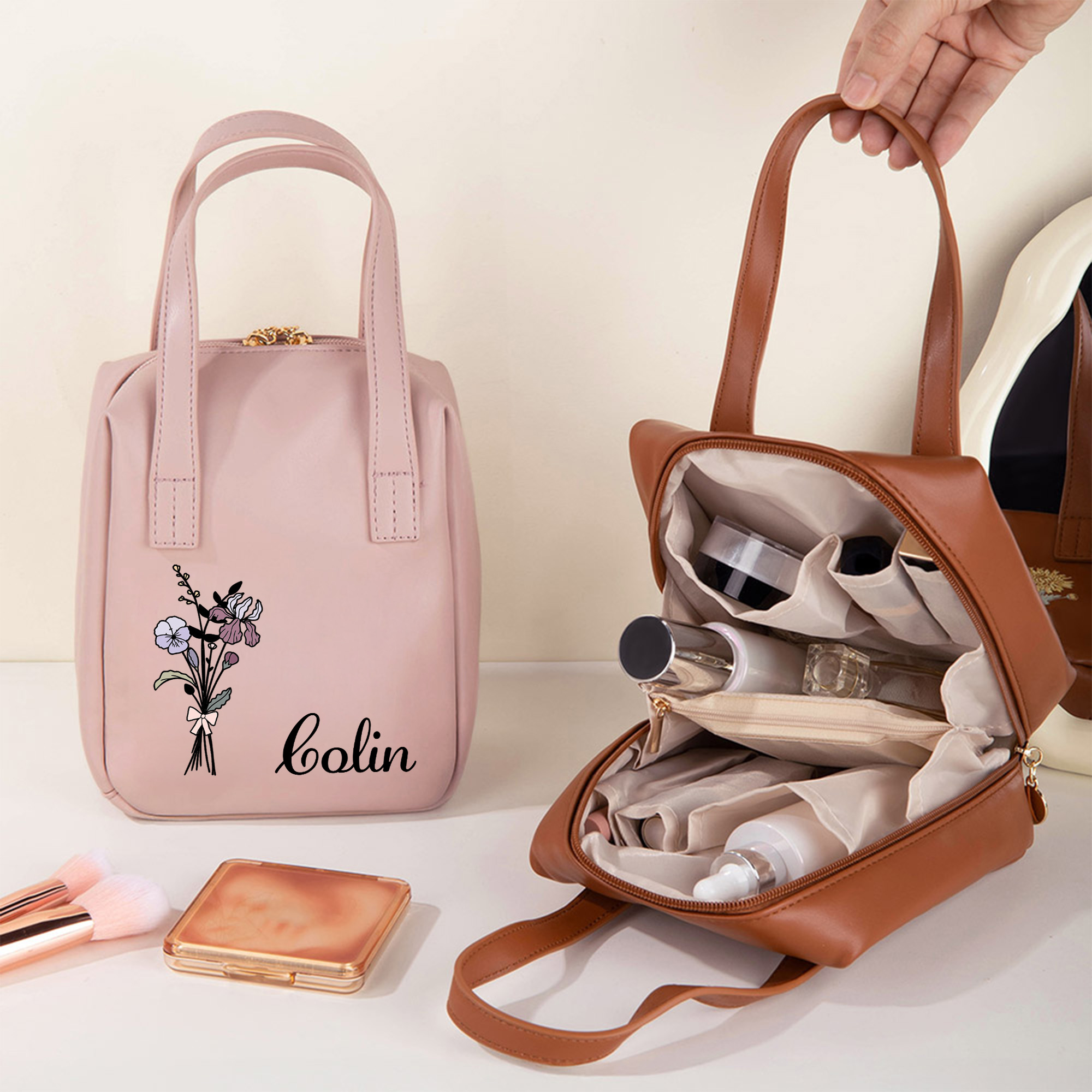 Sac de maquillage portable en cuir PU avec poignée Accessoires de voyage Cadeau d'anniversaire pour les femmes