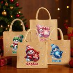 Personalized Cute Snowman Snowflake Large Jute Bag with Name and Year Christmas Party Gift for Kids