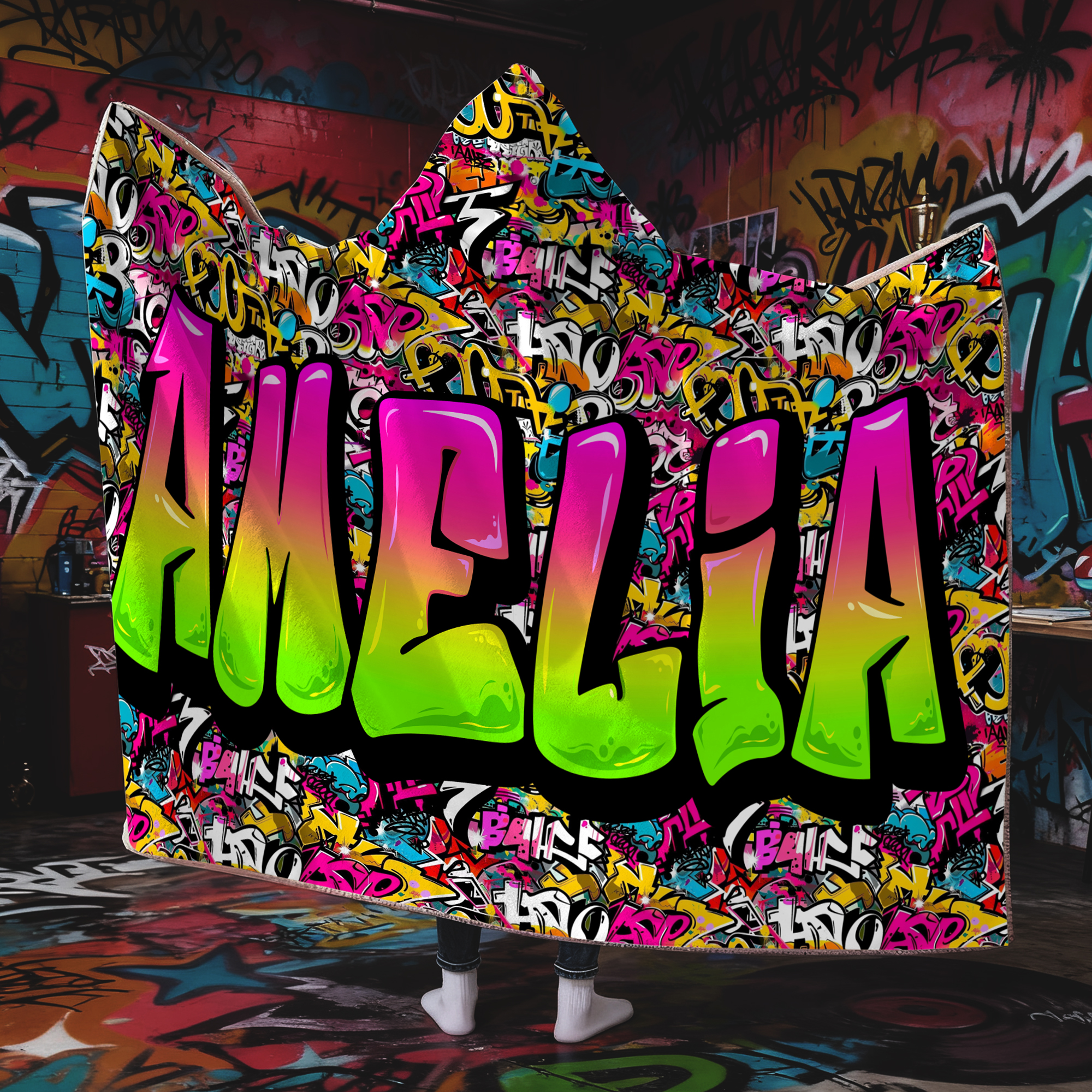 Couverture à capuche multicolore personnalisée avec nom Décoration maison Anniversaire Noël Cadeau pour adolescents Amis Amateurs de graffitis