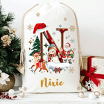 Personalized Santa Claus Snowman Christmas Hat Initial Canvas Drawstring Gift Bag with Name Christmas Eve Party Gift for Kids Family Friends