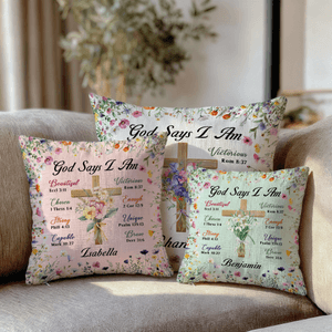 Personalised Birth Flower Cross God Says I Am Soft Cushion Cover with Name  Home Decor Baptism Christmas Gift for Famlily Friends Christians