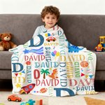 Personalisierte Cartoon Regenbogen Dinosaurier Design Wort Wolke weiche Decke mit Initialen und Namen Geburtstag Weihnachten Geschenk für Jungen Mädchen