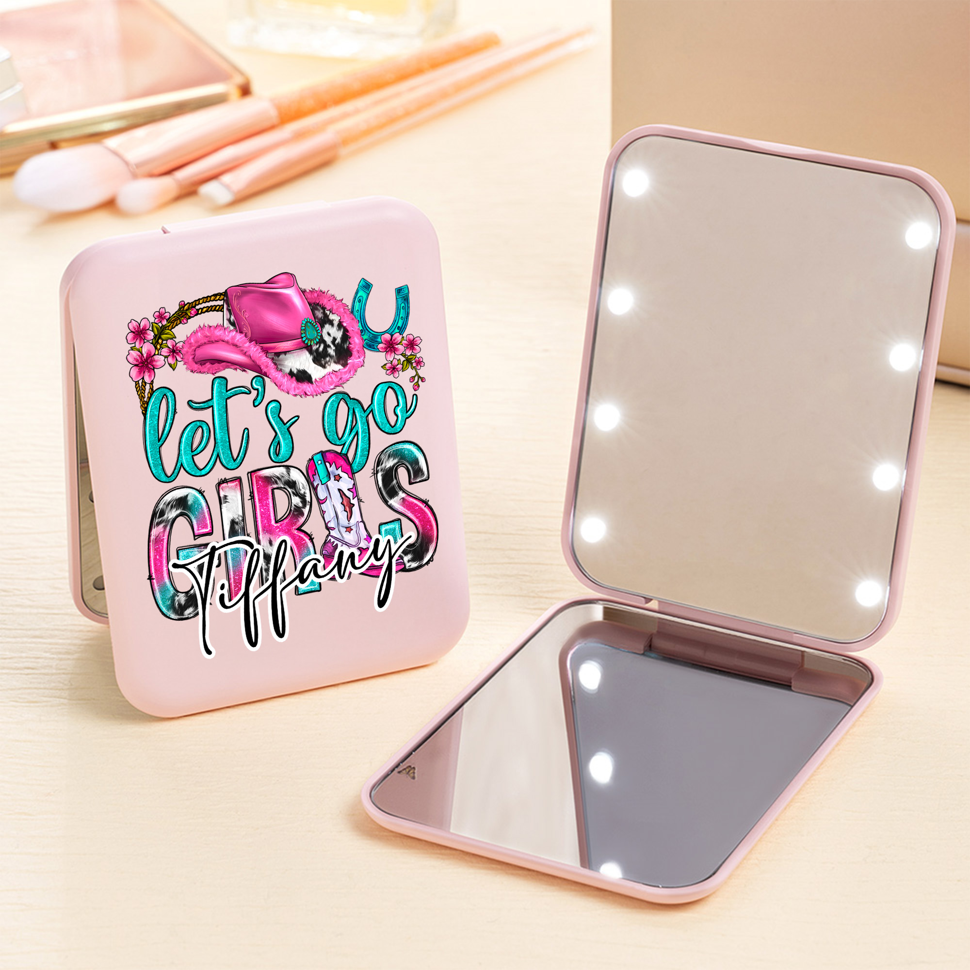 Miroir de maquillage LED double face avec nom Cadeau d'anniversaire de mariage pour femmes filles