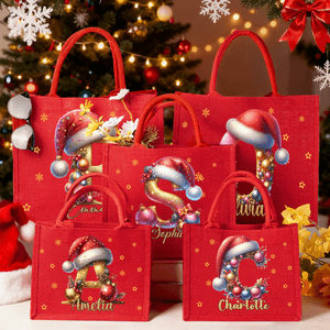 Personalised Christmas Hat Initial Large Capacity Jute Red Tote Bag with Name Christmas Party Gift for Women Kids