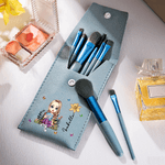 Personalised Cartoon Reading Character Birth Flower PU Leather Makeup Brush Bag Set with Name and 8 Pcs Makeup Brushes Birthday Gift for Women Girls