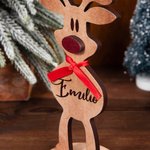 Adorno personalizado de mesa de reno con nariz roja lazo de madera y nombre regalo de Navidad y decoración para familia y niños