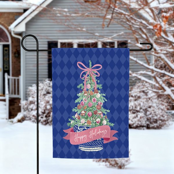 Personalised Chinoiserie Vintage Christmas Tree Garden Flag with Name amd Initial Outdoor Decor Christmas Gift for Family Gardening Lovers