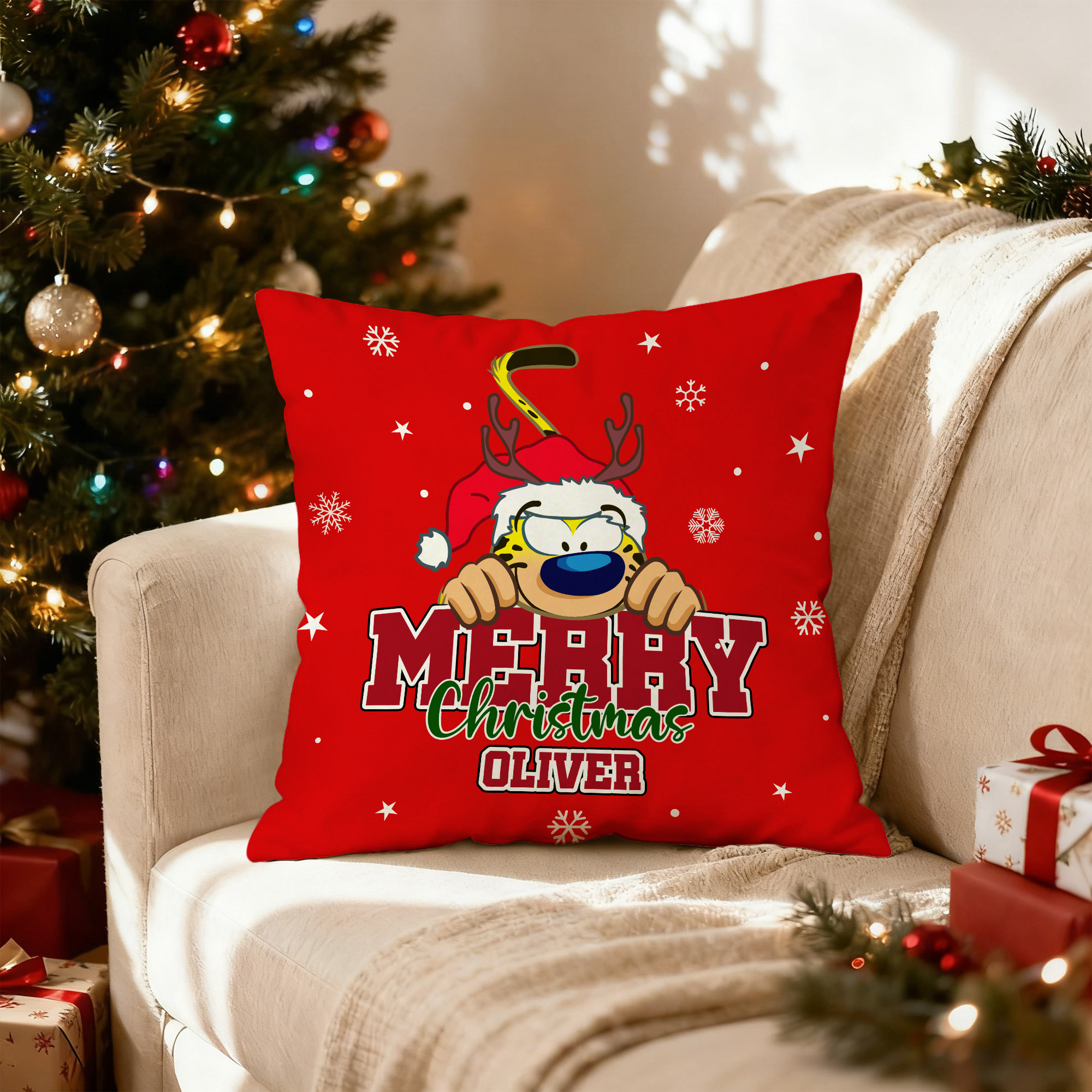 Taie d'oreiller personnalisée de Noël Marsupilami avec nom Cadeau de Noël pour les enfants | Callie × Marsupilami®.