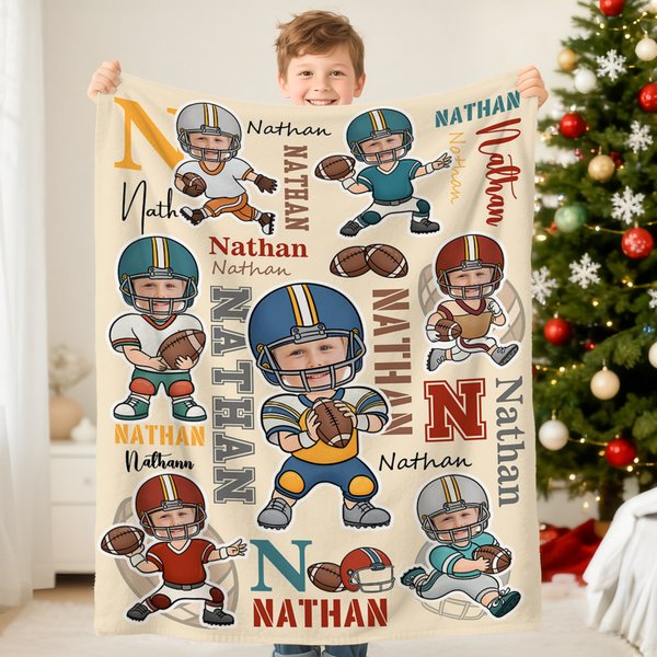 Personalised Football Cartoon Character Face Photo Soft Throw Blanket with Name Home Decor Birthday Game Day Gift for Sports Lovers