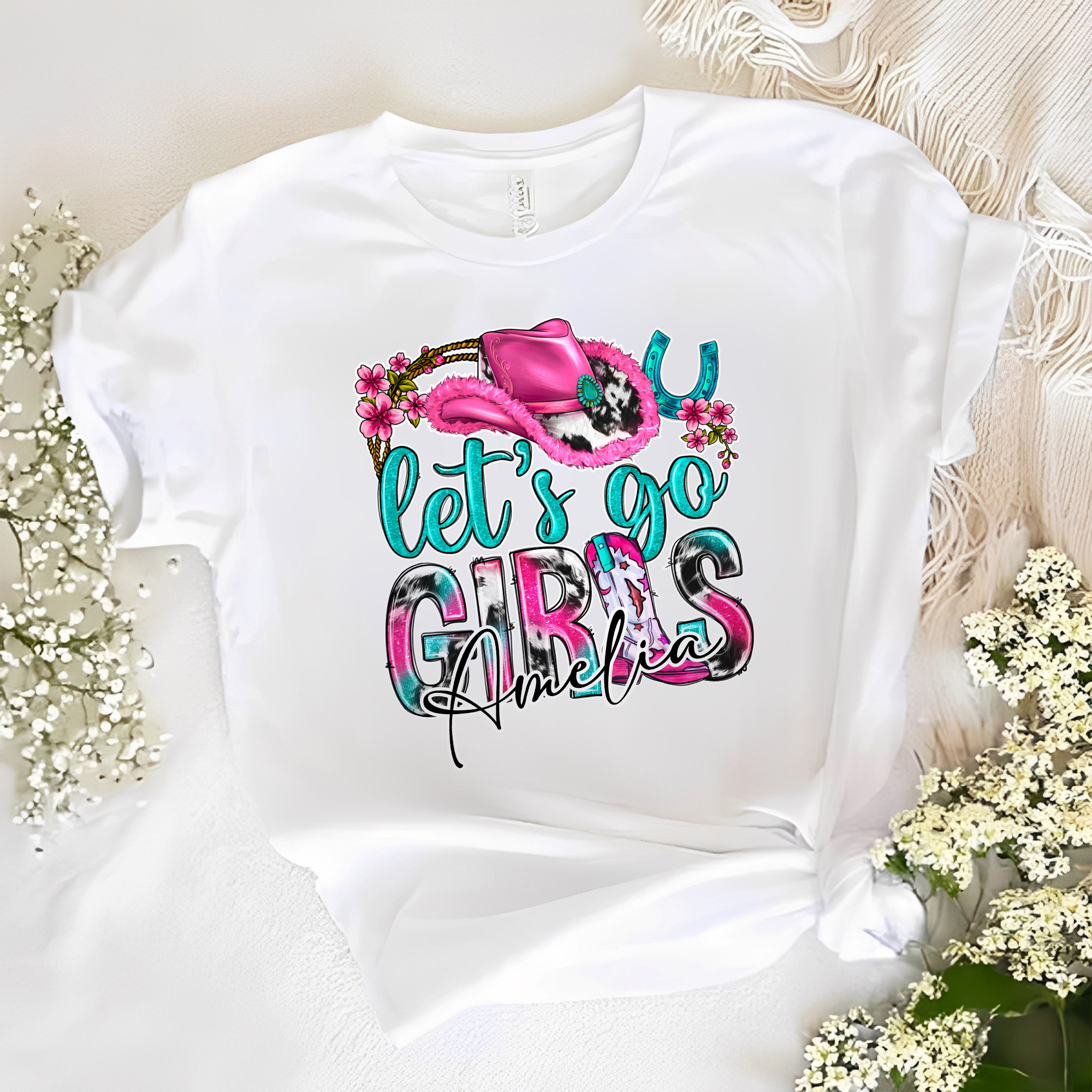 Personnalisé Let's Go Cowboy Hat Horseshoe Boot Multicolore T-shirt Sweatshirt avec Nom Anniversaire Noël Cadeau pour Femme