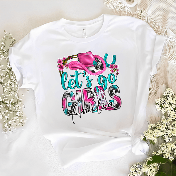 Personalized Let's Go Girls Cowboy Hat Horseshoe Boot Multicolor T-shirt Sweatshirt with Name Birthday Christmas Gift for Women