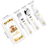 Personalised Cute Highland Cow Sunflower Fork Spoon Knife 3 Pcs Cutlery Set with Name and Case Christmas Birthday Gift for Boys Girls