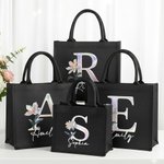 Personalized Mother of Pearl Effect Birth Flower Initial Jute Tote Bag with Name Birthday Christmas Anniversary Gift for Women Family Friends