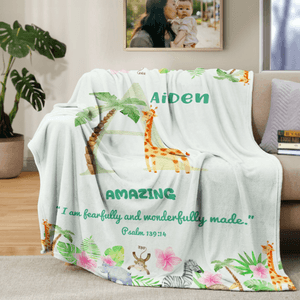 Personalised Cute Animal Bible Initial Soft Throw Blanket with Name Home Decor Christmas Birthday Baptism Gift for Family Kids