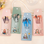 Personalised Cartoon Reading Character Birth Flower PU Leather Makeup Brush Bag Set with Name and 8 Pcs Makeup Brushes Birthday Gift for Women Girls