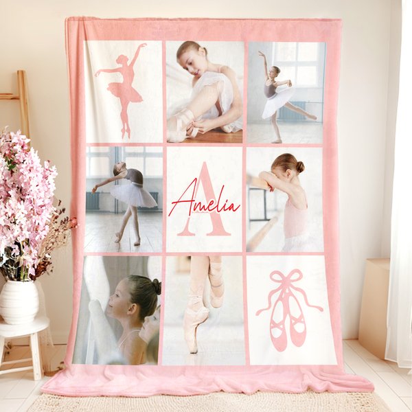 Personalized Ballet Theme 6-8 Photos Collage Soft Throw Blanket with Initial and Name Home Decor Anniversary Birthday Gift for Ballet Lovers