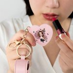 Personalized Cartoon Character Birth Flower Lipstick Storage Case Keychain with Name and Heart-Shaped Mirror Birthday Anniversary Gift for Women