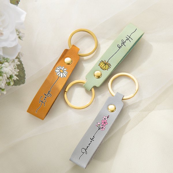 Personalised Multicolour Birth Flower PU Leather Keychain with Name Wedding Party Proposal Birthday Gift for Women