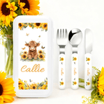 Personalised Cute Highland Cow Sunflower Fork Spoon Knife 3 Pcs Cutlery Set with Name and Case Christmas Birthday Gift for Boys Girls