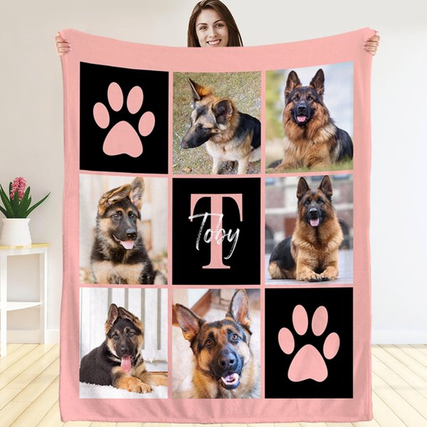 Personalised Multicolour Paw Print 6 Pet Photos Memorial Throw Blanket with Name and Initial Sympathy Birthday Gift for Cat Dog Pet Lovers
