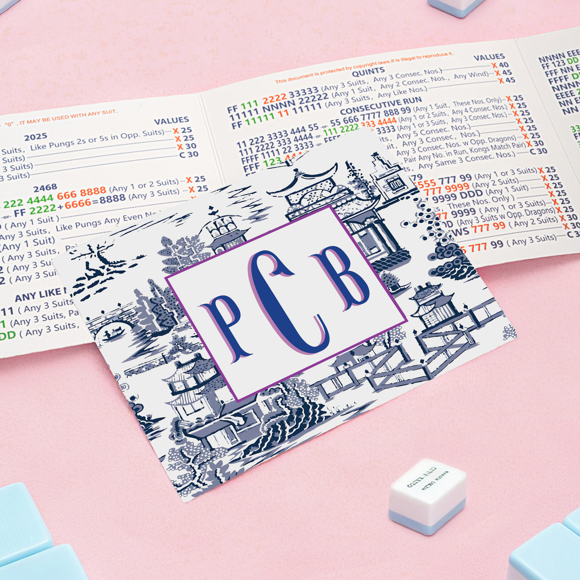 Personalizzato Chinoiserie Pagoda Fishtail impermeabile Mahjong carte adesive con monogramma e protettore Mahjong Game Night Gift per appassionati di 