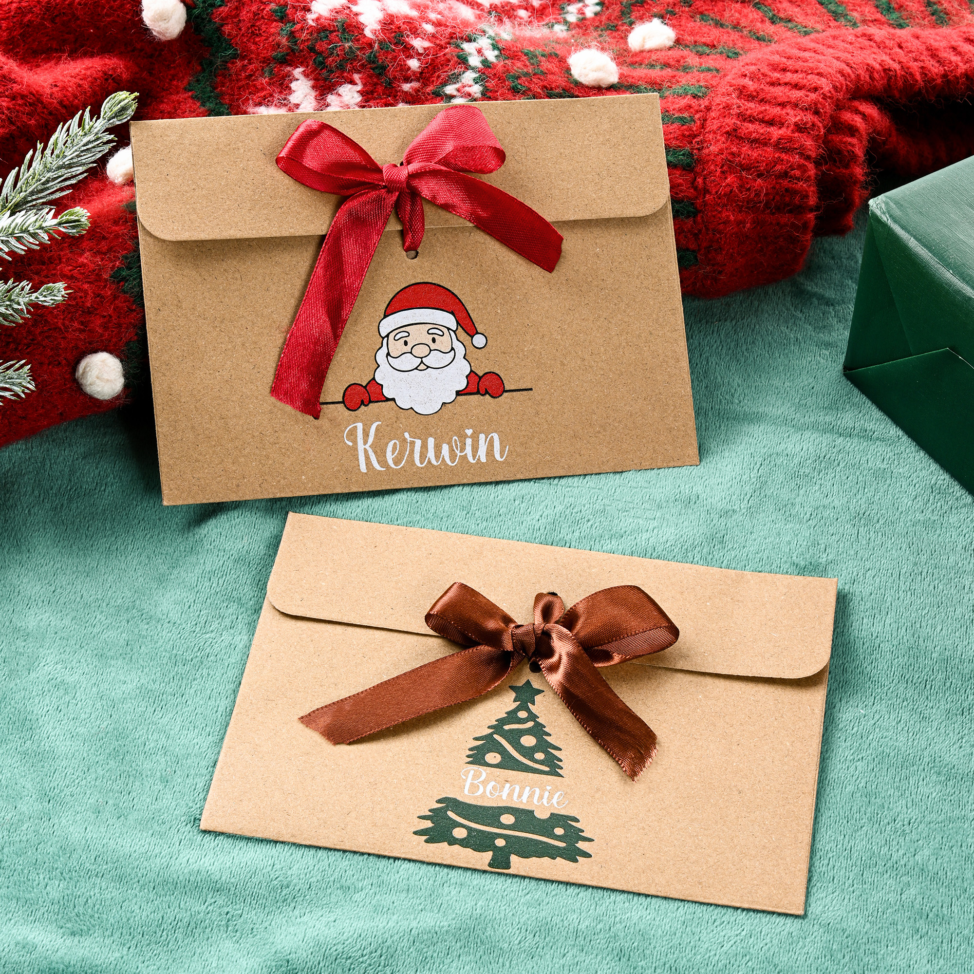 Bonhomme de Neige Personnalisé Père Noël Arbre de Noël 2 Pcs Enveloppe Argent avec Ruban et Nom Cadeau de Noël pour Enfants Amis