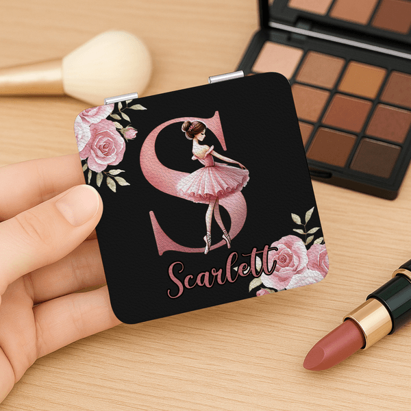 Personalised Ballerina Alphabet Floral Double-Sided 1X 2X PU Leather Makeup Mirror with Name and Initial Birthday Anniversary Gift for Ballet Lovers