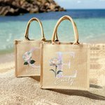 Personalized Mother of Pearl Effect Birth Flower Initial Jute Tote Bag with Name Birthday Christmas Anniversary Gift for Women Family Friends