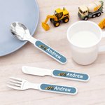 Personalized Multicolour Construction Truck Safe Stainless Steel Fork Spoon Knife 3 Pcs Cutlery Set with Name and Case Birthday Gift for Boys Girls