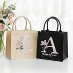 Personalized Mother of Pearl Effect Birth Flower Initial Jute Tote Bag with Name Birthday Christmas Anniversary Gift for Women Family Friends