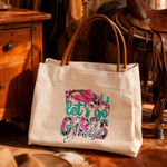 Personalized Let's Go Girls Cowboy Hat Boot Horseshoe Canvas Tote Bag with Name Daily Use Birthday Gift for Cowgirls Women