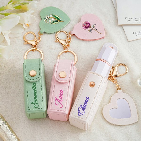 Custodia per rossetto con speccio a forma di cuore personalizzata con nome e fiore di nascita regalo di nozze per donne
