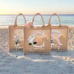 Personalized Mother of Pearl Effect Birth Flower Initial Jute Tote Bag with Name Birthday Christmas Anniversary Gift for Women Family Friends