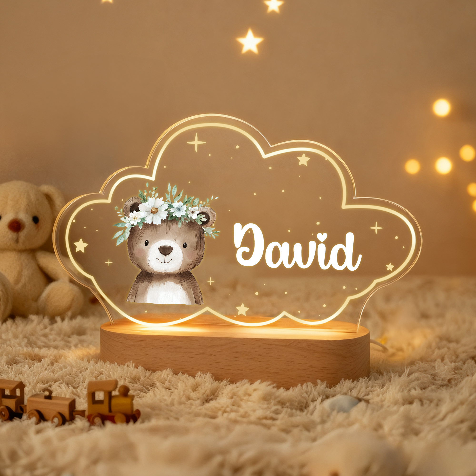 Veilleuse LED en acrylique avec nom et socle en bois Décoration de chambre d'enfant Anniversaire Cadeau de Noël pour enfant Nouveau-né